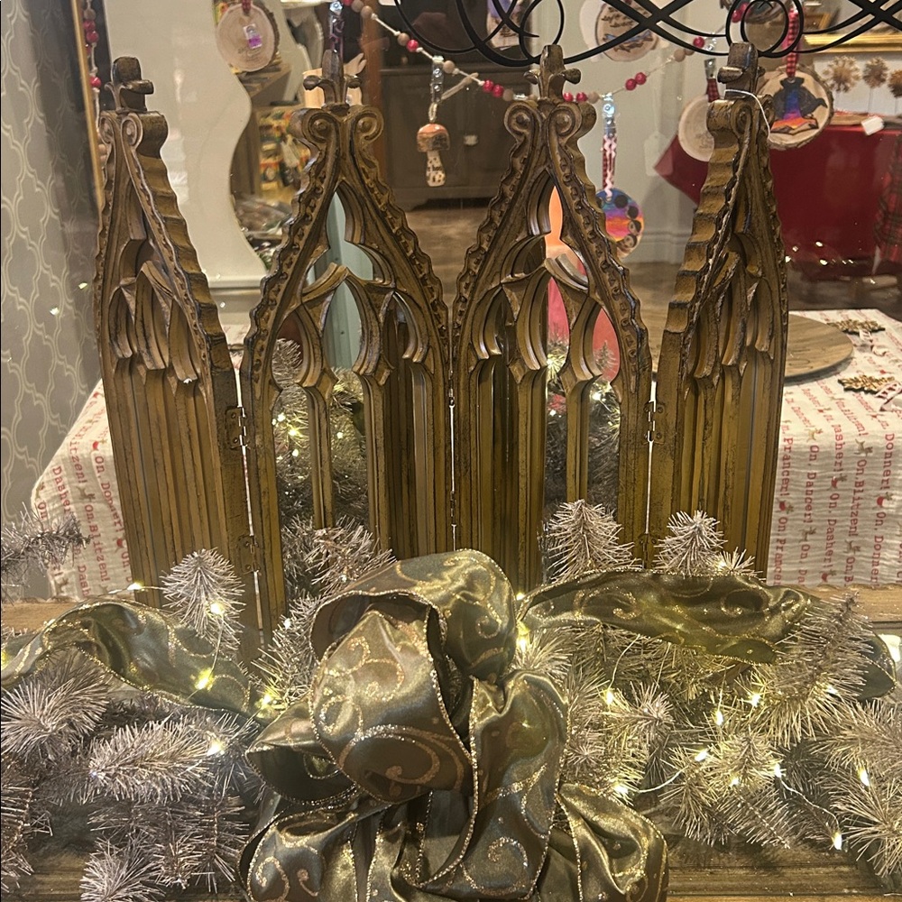 NWT Cathedral 4 Panel Fold Up Wood Finish Mirror